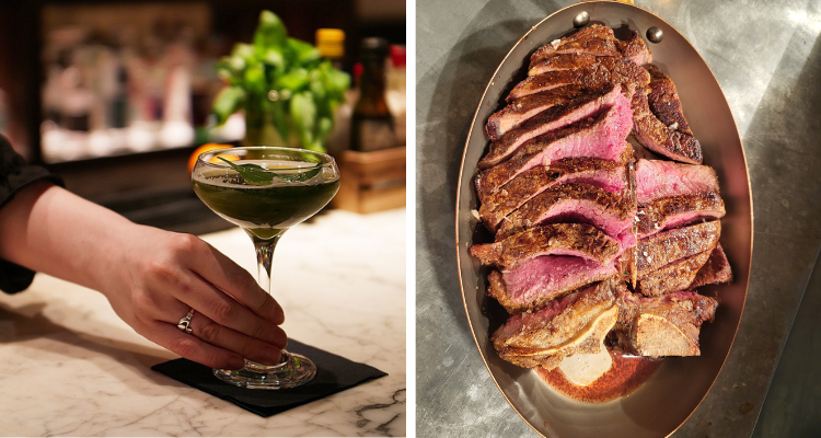 Cocktail and a steak platter at Alston Bar & Beef Glasgow.