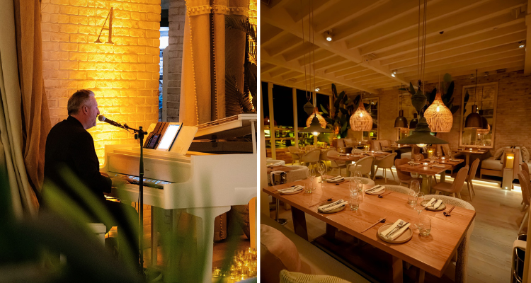 Updated interiors of Australasia Manchester, including new tables with green and grey upholstered seating and a baby grand piano surrounded by candles for live music sessions.