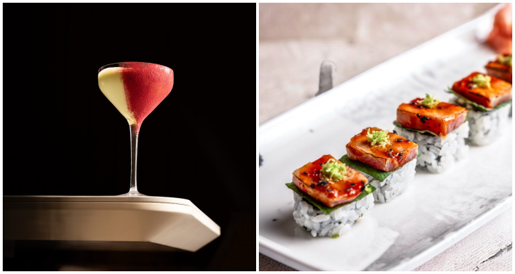 Australasia blueberry matcha cocktail alongside the torched spicy tuna and shiso roll topped with wasabi.