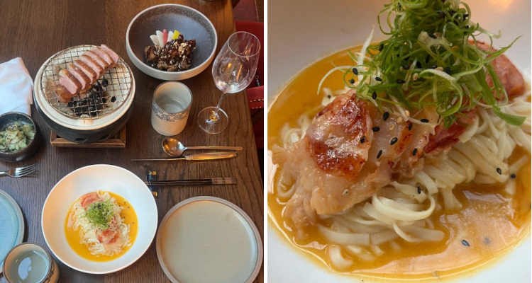 Food at jang, including lobster noodles and K-BBQ duck breast.