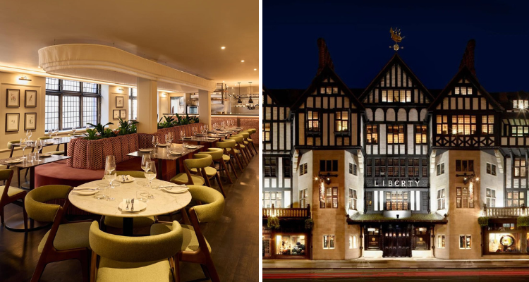 Liberty’s instantly recognisable thick wooden-beamed exterior next to an image of 75’s sage green and peach colour sceme.