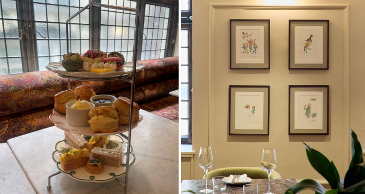 A collage of Liberty restaurant's three-tiered afternoon tea and Quentin Blake's nostalgic prints that take pride of place.