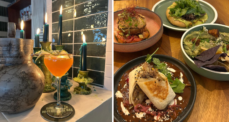 A collage of my Little Fires cocktail by flickering candles next to four plates of authentic Mexican fare.