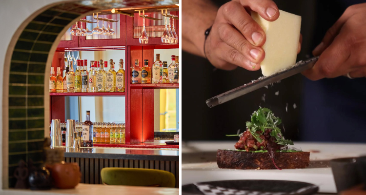 Upstairs at Little Fires London, the vibrant bar space next to a picture of chefs adding cheese to a dish.