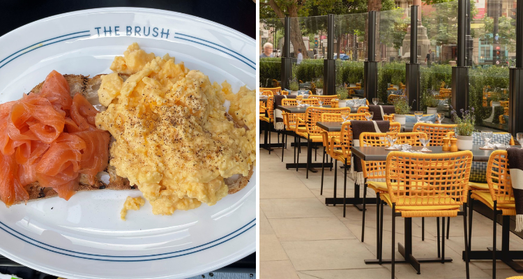 A collage of pink salmon paired with eggs next to a picture flaunting The Brush Hoxton's sun-soaked outdoor patio.