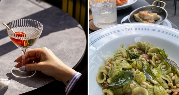 A collage of a martini on a black table next to a picture of green pasta.