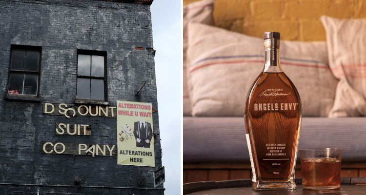 Collage of a cocktail and the quirky exterior of Discount Suit Company.orough.