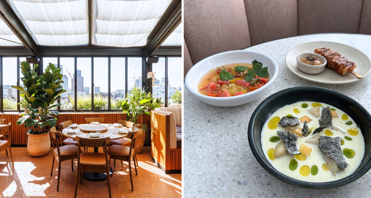 A collage of a round wooden table and chairs (ideal for groups) in front of the skyline, next to a photo of three plates of food.