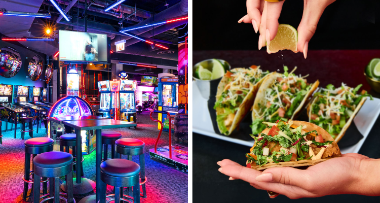 Collage of the arcade and tacos at Lucky Strike NYC.