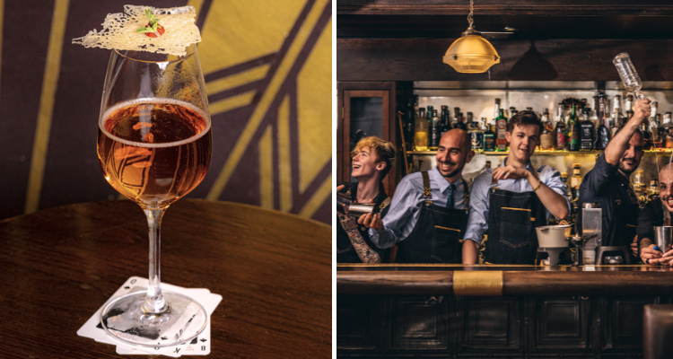 Collage of a cocktail and a group of bartenders at Nightjar.