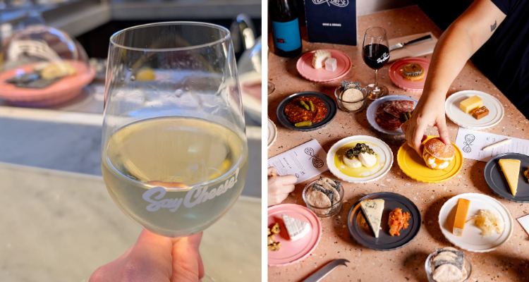 A collage of chilled white wine close up, next to the conveyor belt in action. Next to an image of all the different cheeses.