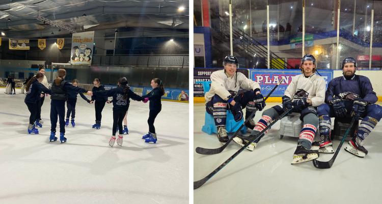 Collage of ice skaters and hockey players at Planet Ice Manchester.