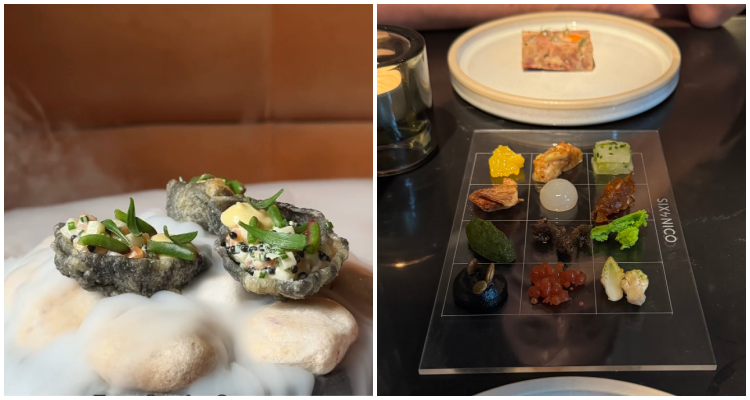 Collage of two dishes on Six By Nico's space menu: Zero Gravity Oyster on rocks and a ploom of smoke (left) and the 12 garnishes and terrine of Biopack 3-06 (right).