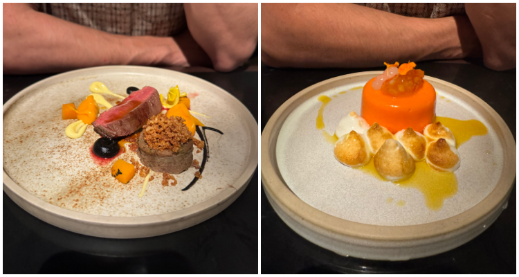 Collage of two dishes on the Space menu: Solar Flare (left) with flat iron, ox parcel and artistically arranged sauces and the orange, apricot and custard Goodbye Earth dessert (right).