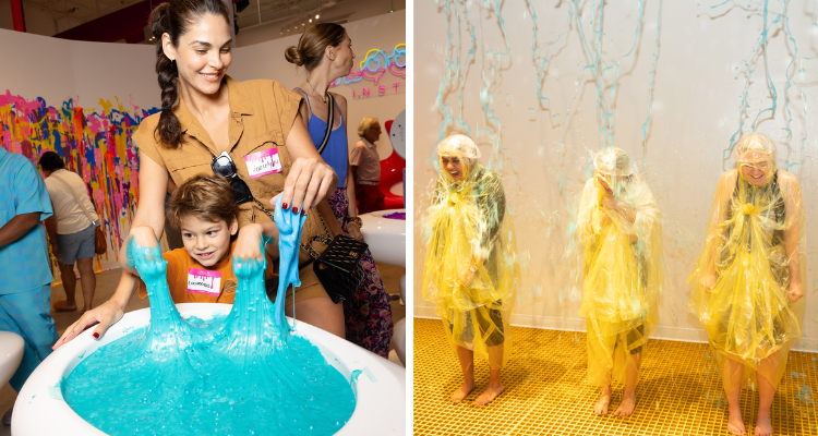 Collage of people making slime and the slime shower at Sloomoo.