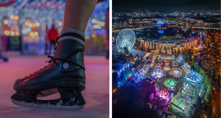 Collage of ice skates and Tinsel Town from above.