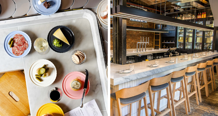 A collage of the famous conveyor belt next to a shot of wooden bar stools and marble-covered bar.