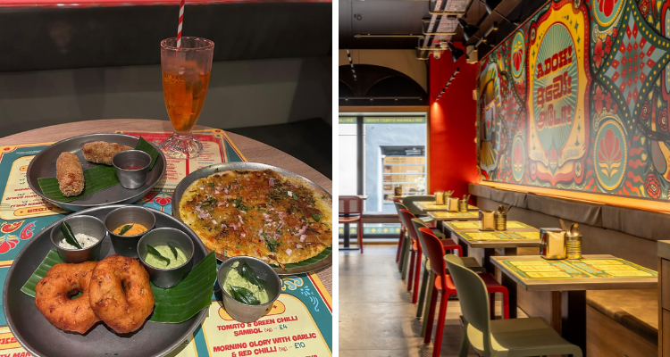 A collage of our three starters next to a shot of ADOH London's gorgeous murals and relaxed seating.