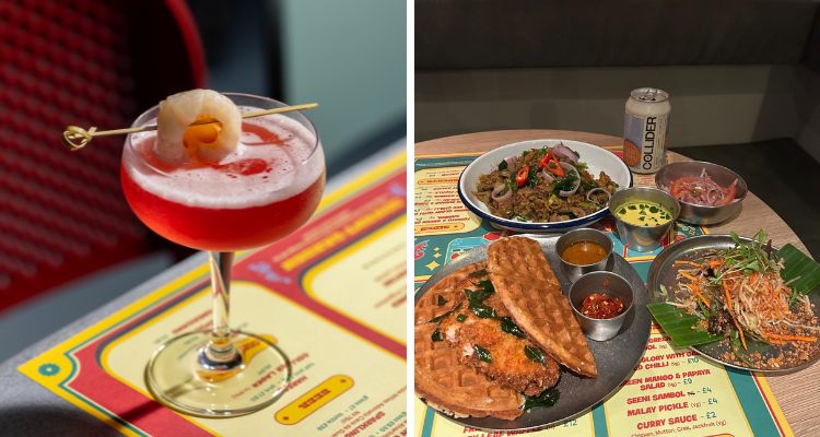A collage of a sunset-coloured cocktail next to an image of our main dishes, including salads, waffles and dips.
