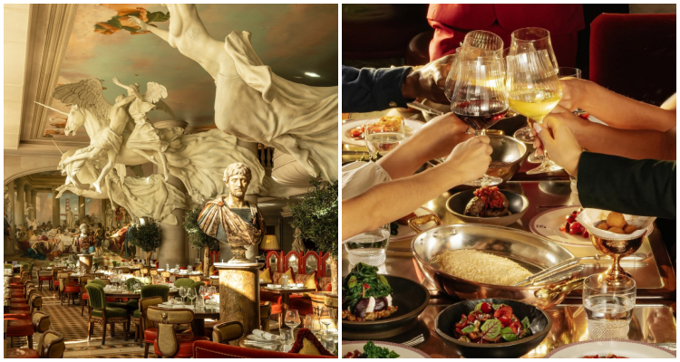 Collage showing towering white Greco-Roman statues and a painted mural ceiling over the Bacchanalia dining room, alongside a group clinking glasses over their feasting menu spread.