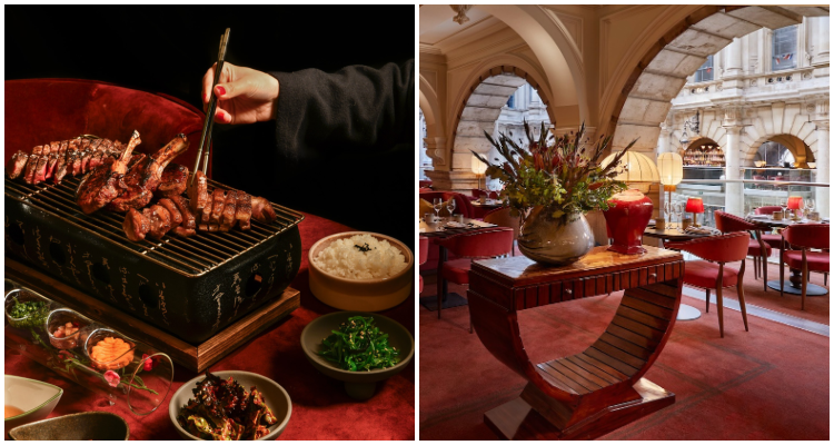 Opulent red interiors of JANG on the mezzanine of The Royal Exchange and Korean BBQ grill topped with meat, served alongside sides at the table.