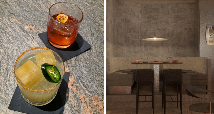 Cocktails and seating area at Nela in London.