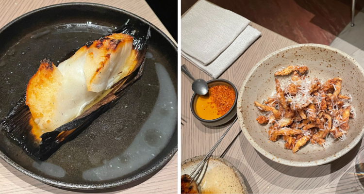 Seabass with yuzu sauce and some crispy mushrooms from Nela in London.