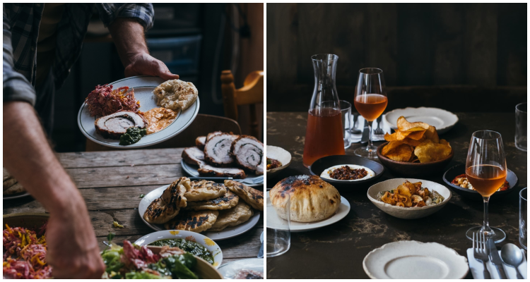 Collage of dishes being served throughout a feasting menu experience at OMA, including porchetta and a trio of Greek-inspired dips.