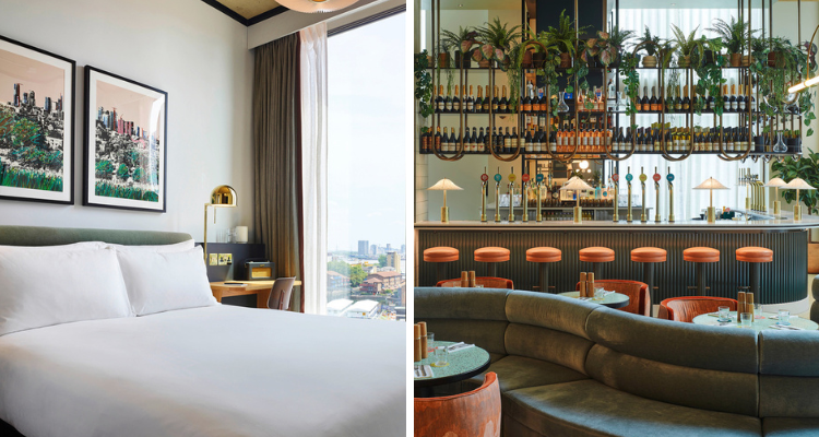 A collage of the bright and airy white bedroom next to a shot of Feels Like June's leafy restaurant.