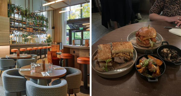 A collage of TRIBE Canary Wharf restaurant next to an image of our main dishes, including hearty burgers and sweet potato fries.