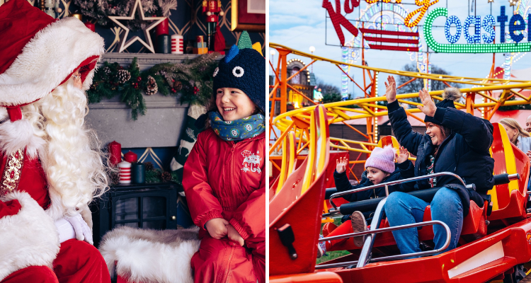 Collage of Santa's grotto and a ride at Winter Wonderland.