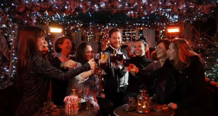 The Montague Après Ski Lodge in London, with fairy lights and snow.