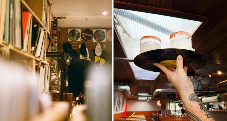 All My Friends vinyl collection and someone holding margaritas.