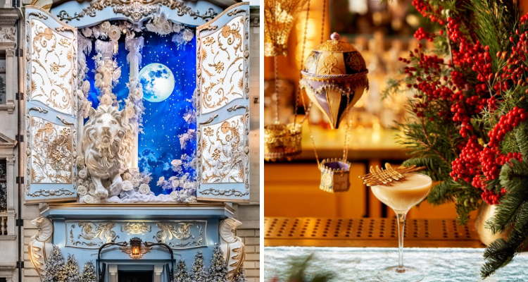 A collage of the giant festive decor and the festive interior with a cocktail at Annabel's London.
