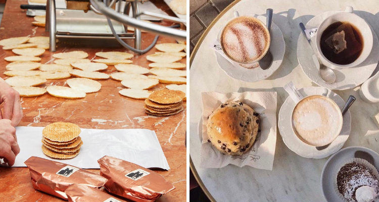 Aux Merveilleux de Fred baking and coffees on table outside.