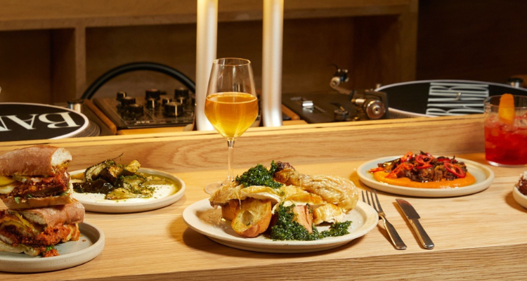 The food and a glass of wine at Bambi.