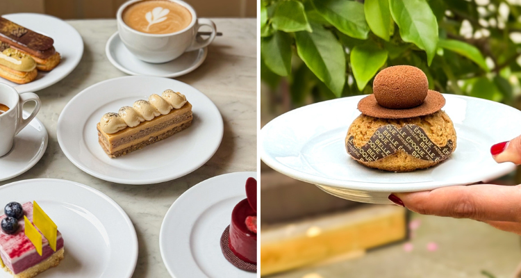 Belle Epoque Islington's selection of cakes and someone holding a profiterole filled with choux.