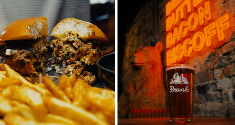 Beer and burger from Brewski.