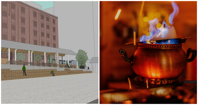 Collage of a CGI mock-up of Christmas at St John's long, covered seating and a batch of feuerzangenbowle. 