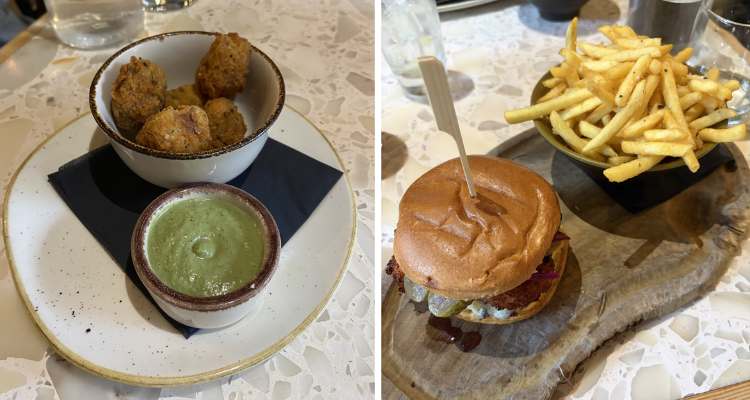 Vegan popcorn chicken and a burger at Cocotte.