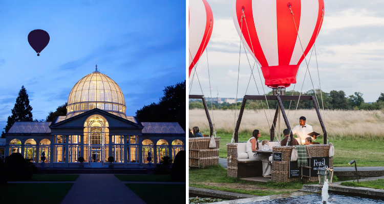 Syon Park's Great Conservatory lit up at night and a red and white striped hot air balloon with a family dining and menus being given out by a waiter.