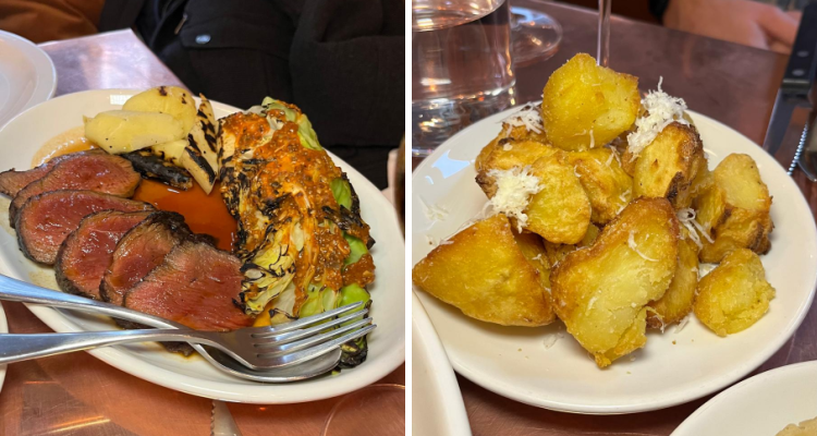 The picanha beef roast at Fire & Wine by Boxcar in Marylebone, and a side of roast potatoes topped with pecorino cheese.