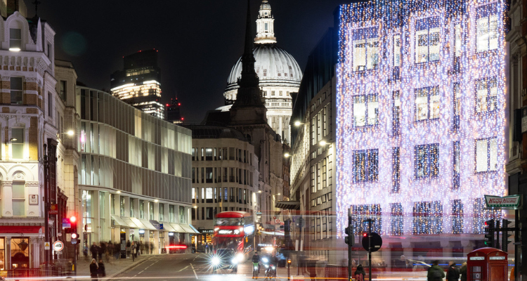 Fleet Street Quarter in London Christmas lights.