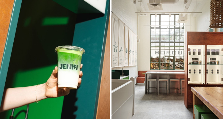 Someone holding a Jenki matcha, and the interiors of the Borough Market site.