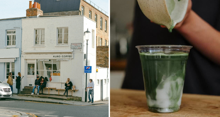 Bench outside KURO coffee and an iced matcha.