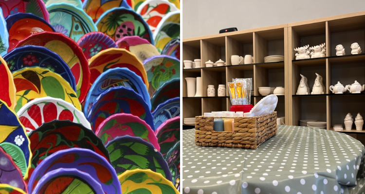 Kiln Time plates and pottery painting kit on table.