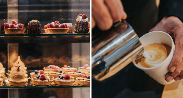 Cakes in the window and coffee being poured at L’Atelier Patisserie, Brixton Village.