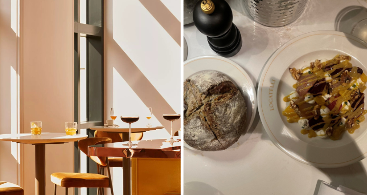 A collage of Locatelli restaurant's airy bar space with Danish-looking furniture next to an image of the famous bread.