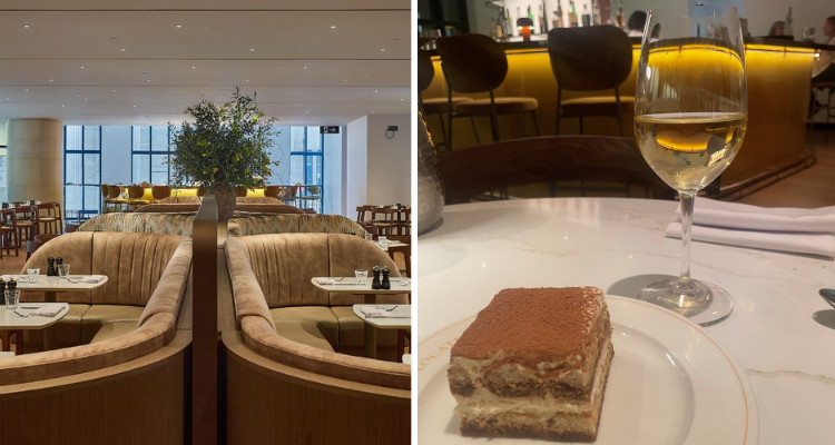 A collage of Locatelli National Gallery's cosy, semi-circular booths next to a square of tiramisu and wine.