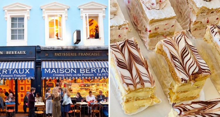 The outside of Maison Bertaux and a close up of a cake.